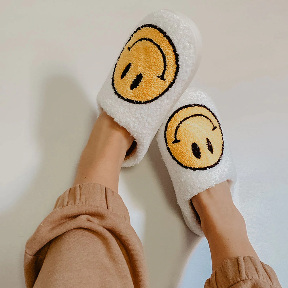 Image of White Fuzzy Happy Face Slippers