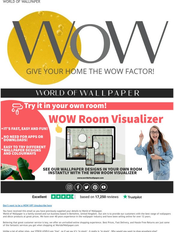 Reimagine your home! Try it our different wallpaper designs in your own room with Wow Room Visualizer!