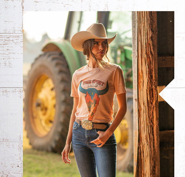 Rockin' C Women's Pink with Scenic Cow Skull Free Spirit Short Sleeve T-Shirt - Shop Now