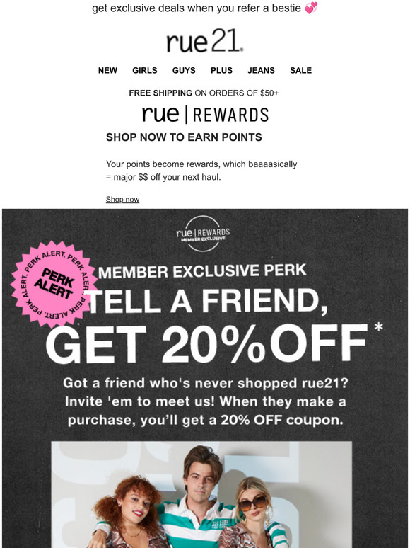 rue21: alert the group chat score 20% off - Milled