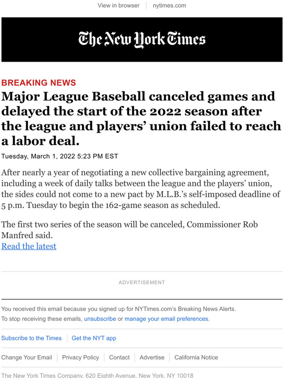 The New York Times Breaking News Major League Baseball canceled games and delayed the start of