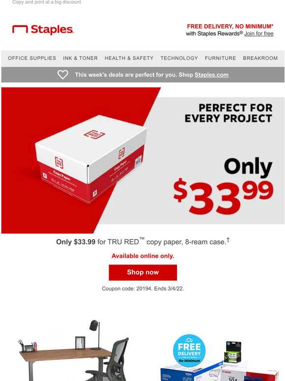 Staples Copy & Print 8 reams for 33.99 TRU RED copy paper. Milled