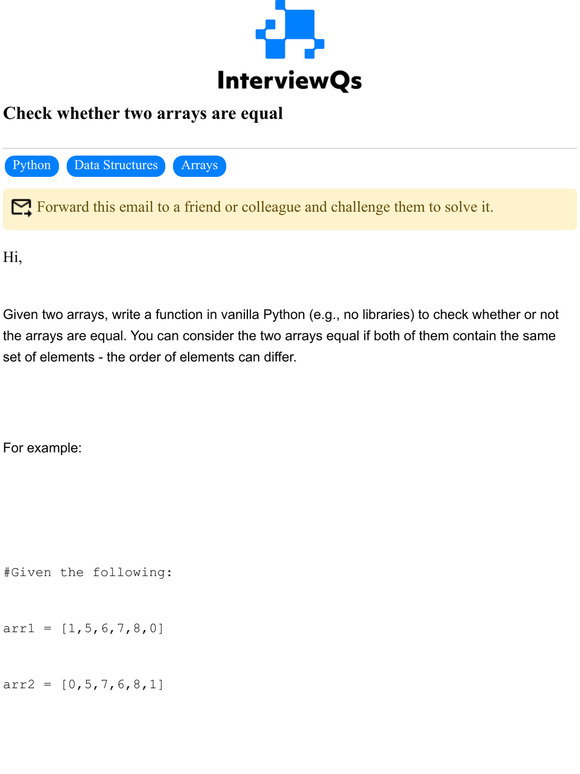 Data Interview Q s Check Whether Two Arrays Are Equal Milled