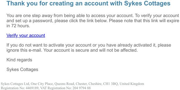 Sykes Cottages: Account registration  please verify your account