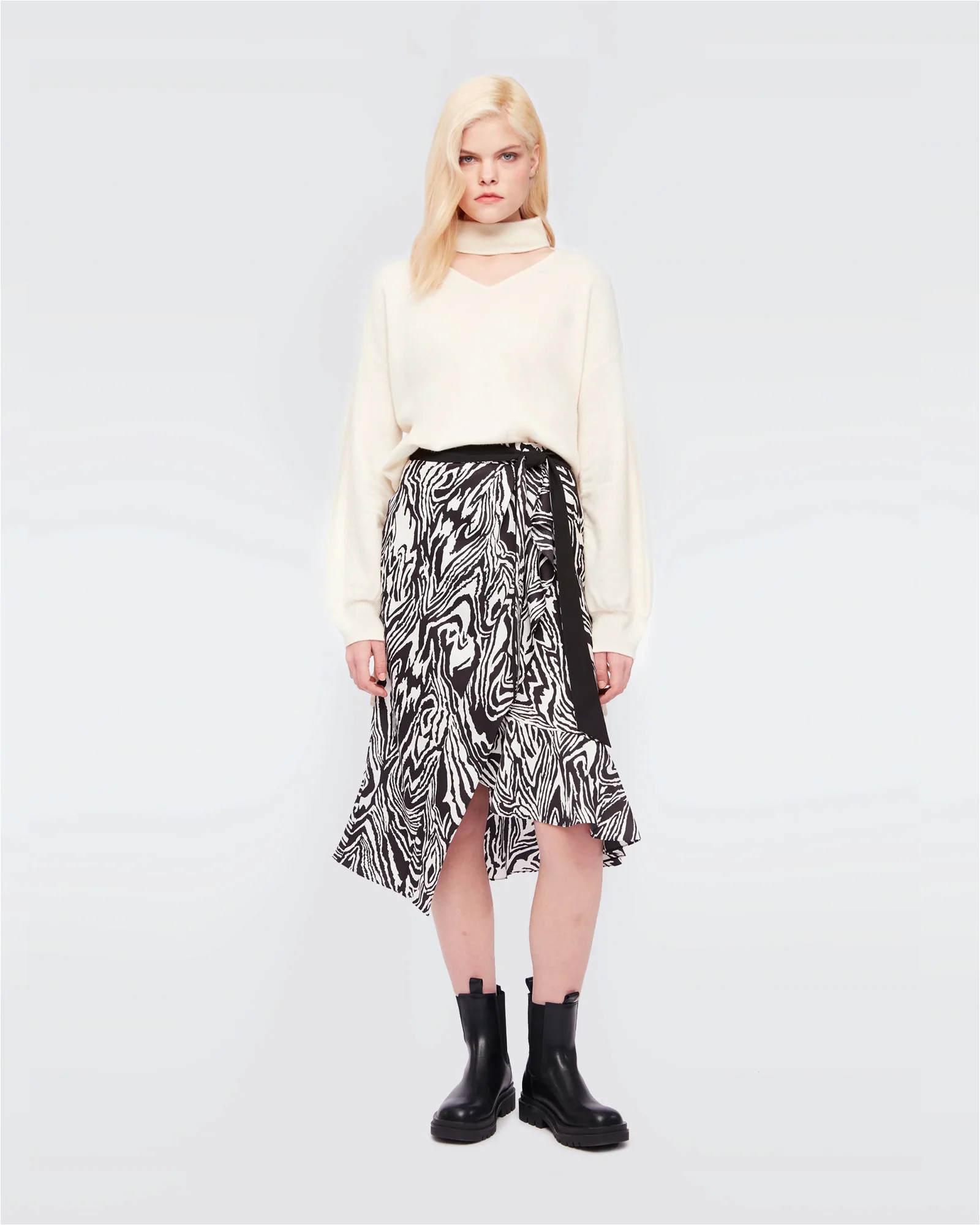 Image of Reem Asymmetrical Faux Wrap Skirt in Crepe