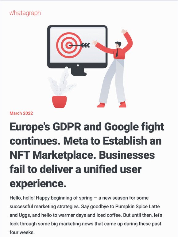 Europe's GDPR and Google fight continues. Meta to Establish an NFT Marketplace. Businesses fail to deliver a unified user experience.