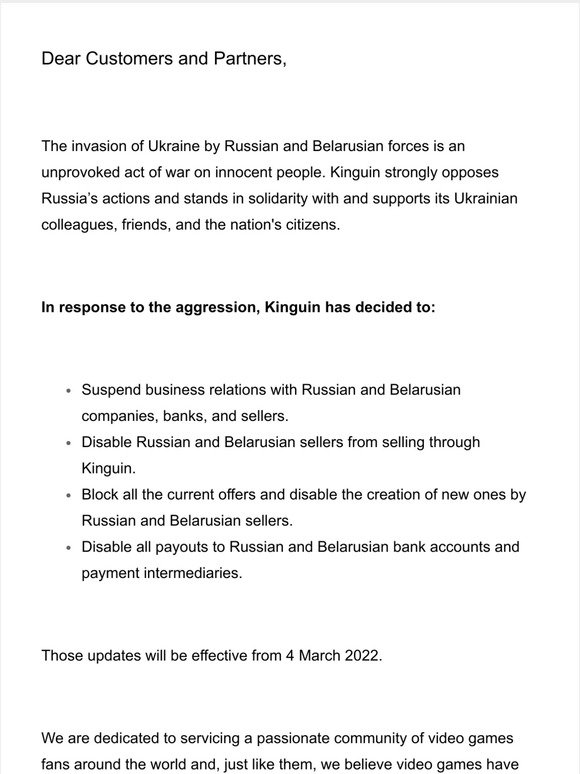 A statement from KINGUIN