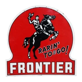 Rare 48" Frontier Rarin' To Go Porcelain Sign TAC 8.75