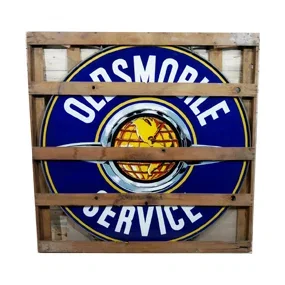 NOS 60" Oldsmobile Service Porcelain Sign & Ring/Crate