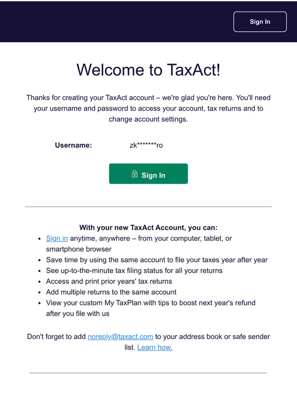 TaxAct - created account confirmation