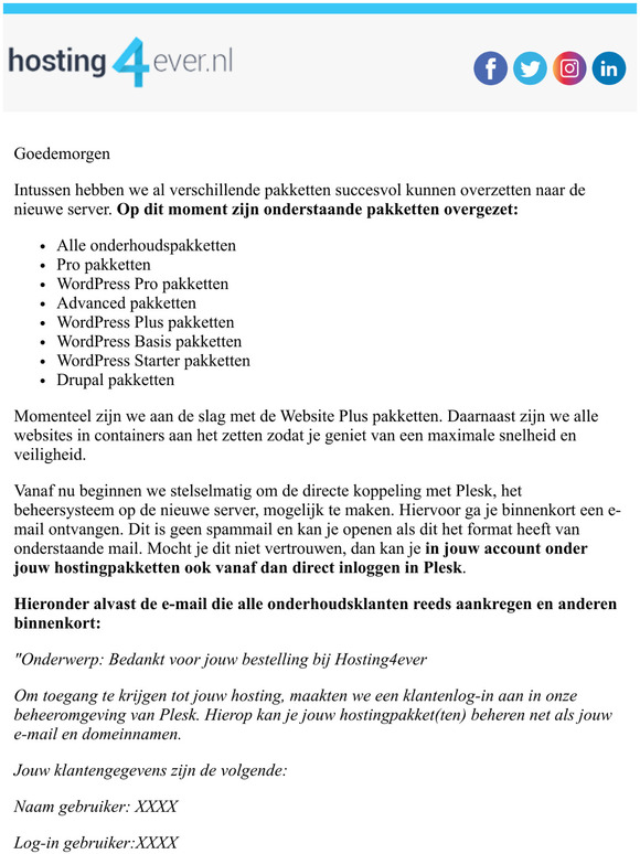 Belangrijke update van Hosting4ever: Plesk e-mail om in te loggen in de nieuwe server