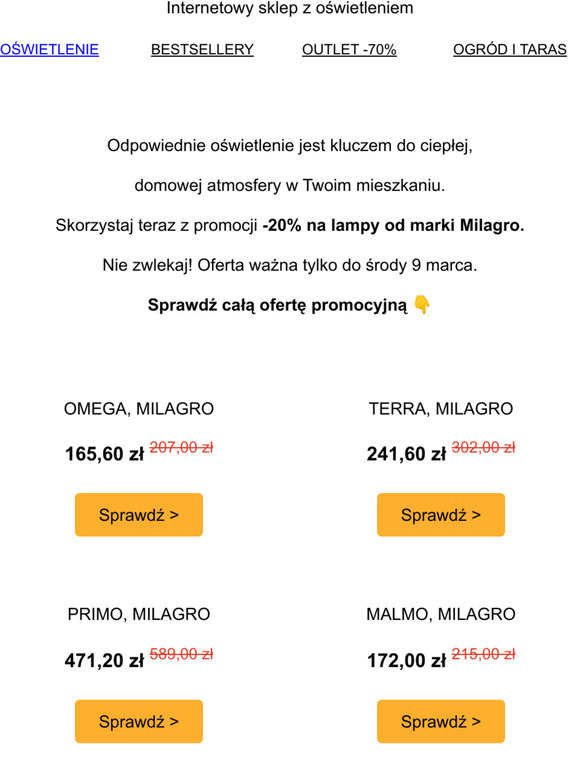 Tylko do jutra  -20% na lampy marki Milagro