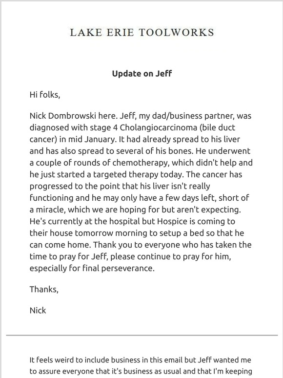 Update on Jeff, March newsletter