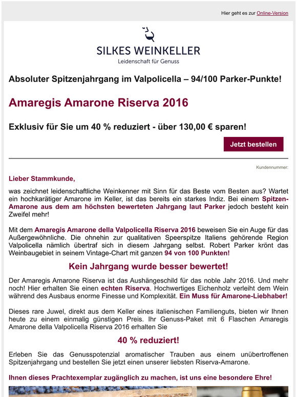 Silkes Weinkeller Komplexer Amarone Riserva 94/100 Punkte Robert