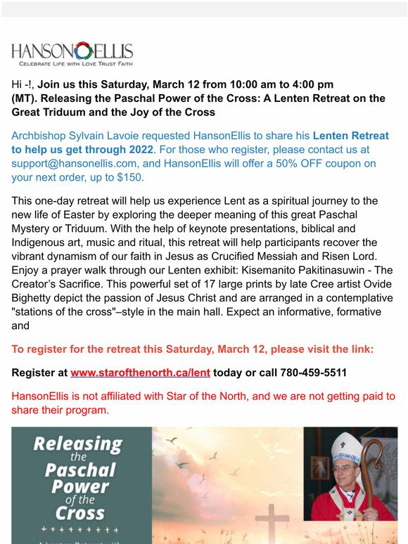 Hello -Lenten Retreat - Releasing the Paschal Power of the Cross on Saturday, March 12
