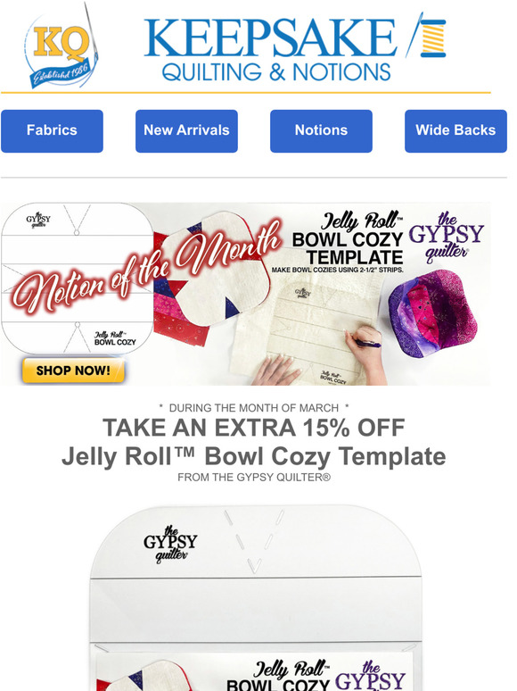 Keepsake Quilting Take 15 off Jelly Roll Bowl Cozy Template Milled