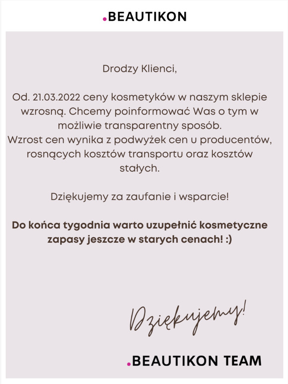 Wana wiadomo dotyczca zmiany cen