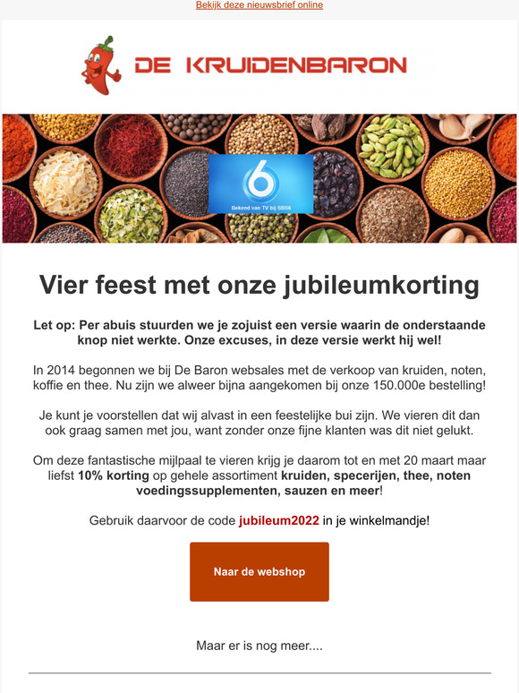 Rectificatie: Jubileumkorting bij De Kruidenbaron!