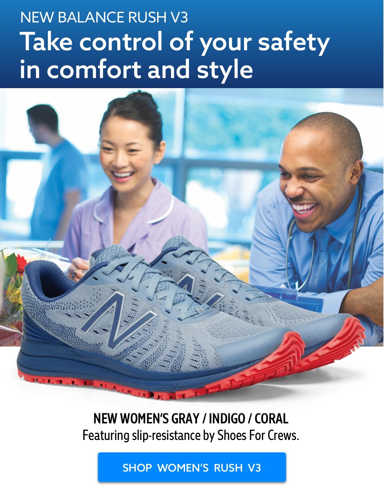 Shop New Balance Rush v3 gray / indigo / coral for women.