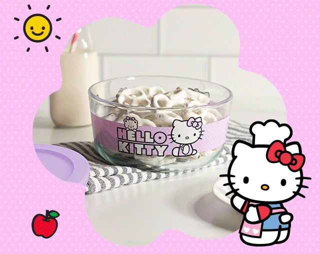 Pyrex images GIFing with Hello Kitty character artwork