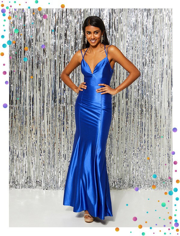 City Vibe Double Spaghetti-Strap X-Back Satin Power Stretch Trumpet Long Dress