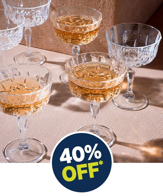 "40% off All Full Priced Glassware and Dinnerware *excludes M+W white dinnerware
"