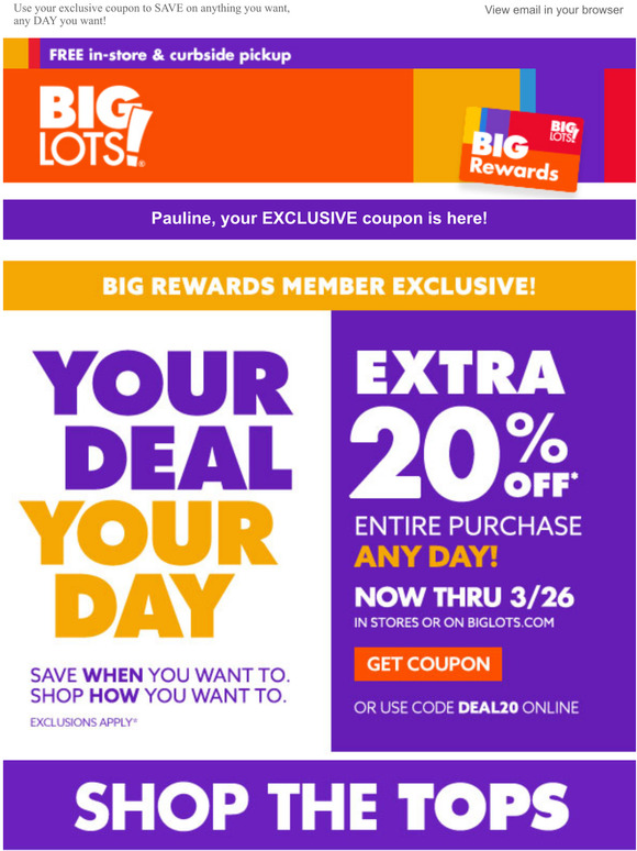 Big Lots Exclusive 20 OFF coupon starts now! Milled