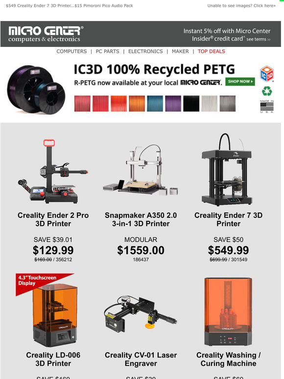 microcenter 129 Creality Ender 2 Pro 3D Printer! 39 Laser Rotary