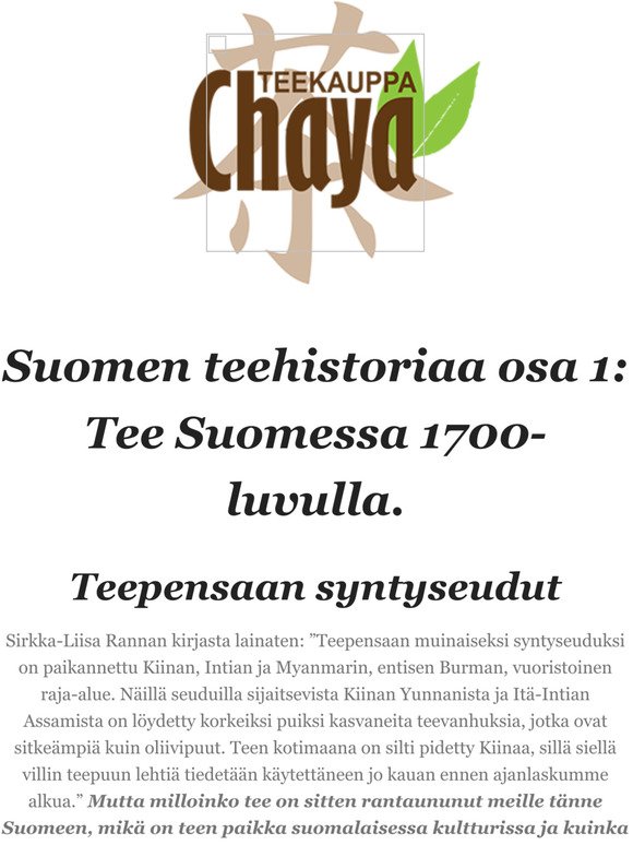 Suomen teehistoriaa ja kampanja -20% koko teevalikoimasta