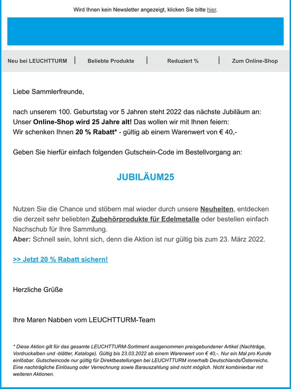 25 Jahre LEUCHTTURM Online-Shop: 20 % Rabatt auf fast alles!