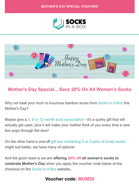 Mother's Day Special Voucher - Save 20% On All Women's Socks