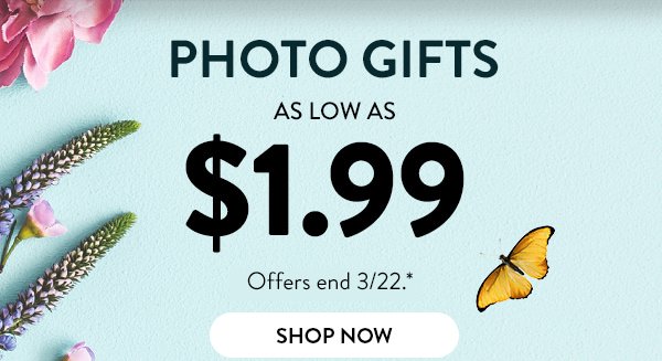 Spring-fresh finds! PHOTO GIFTS AS LOW AS $1.99 | Offers end 3/22.* | SHOP NOW >