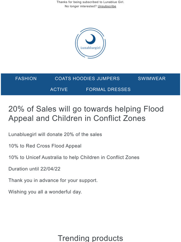 20% of Sales will be donated to flood appeal and children in war zones