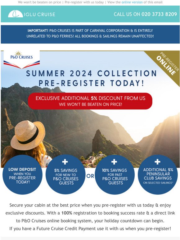Iglu cruise Preregister now P&O Cruises summer 2024 collection Milled