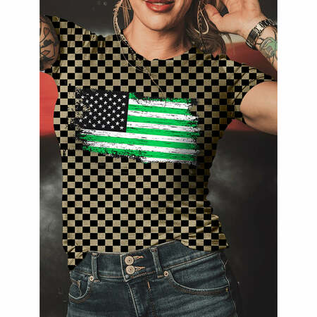Spring And Summer New National Flag Creative Checkerboard Women'S Fashion T-Shirt