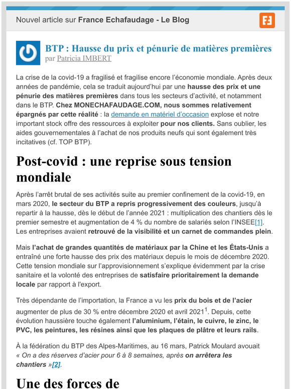 [Nouvel article] BTP : Hausse du prix et pnurie de matires premires