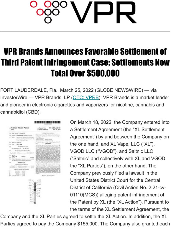 VPR Brands, LP: VPR Brands Announces Favorable Settlement Of Third ...