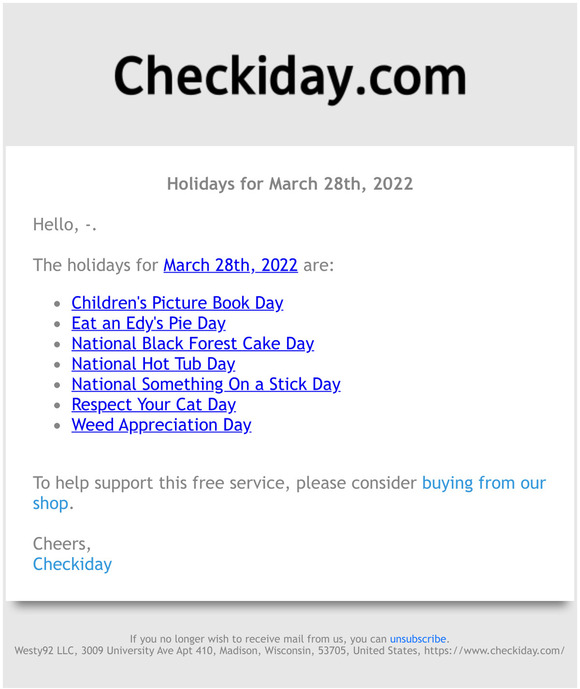 Checkiday Holidays for March 28th, 2022! Milled