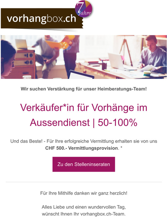 Das vorhangbox.ch-Team sucht Verstrkung - CHF 500.- Vermittlungsprovision
