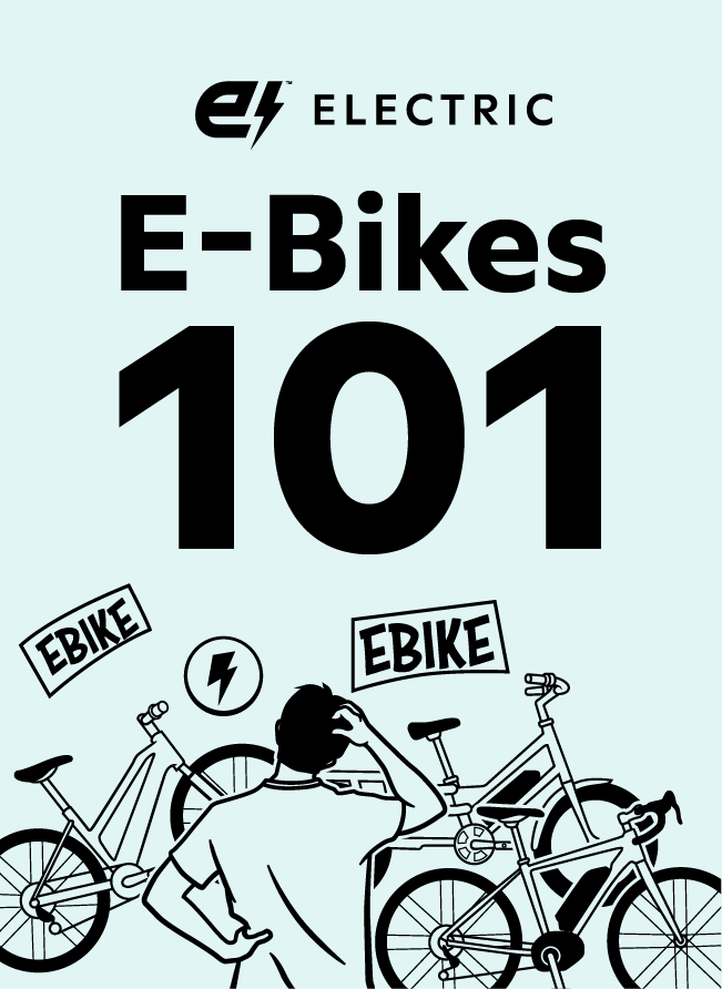 Cartoon graphic of a man looking confused at a few electric bikes with the caption: E-Bikes 101