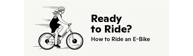 Drawing of a woman riding a Schwinn electric bike with caption: Ready to Ride? How to Ride an E-Bike