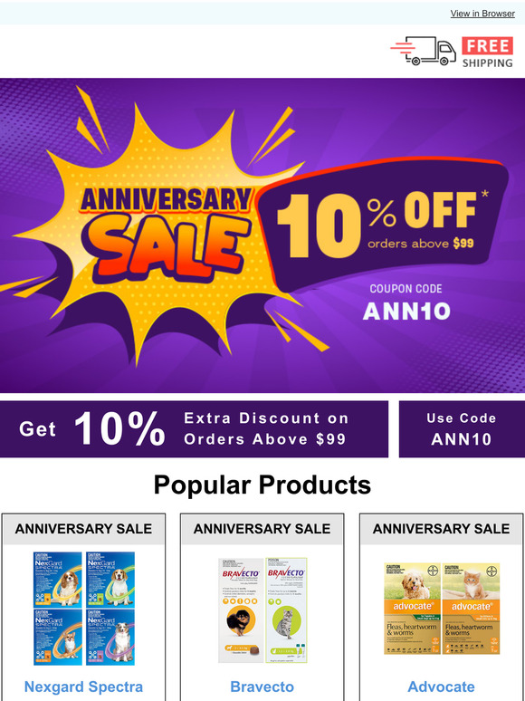 GRAND ANNIVERSARY SALE! Get Extra 10% OFF* + Free Shipping On All Orders