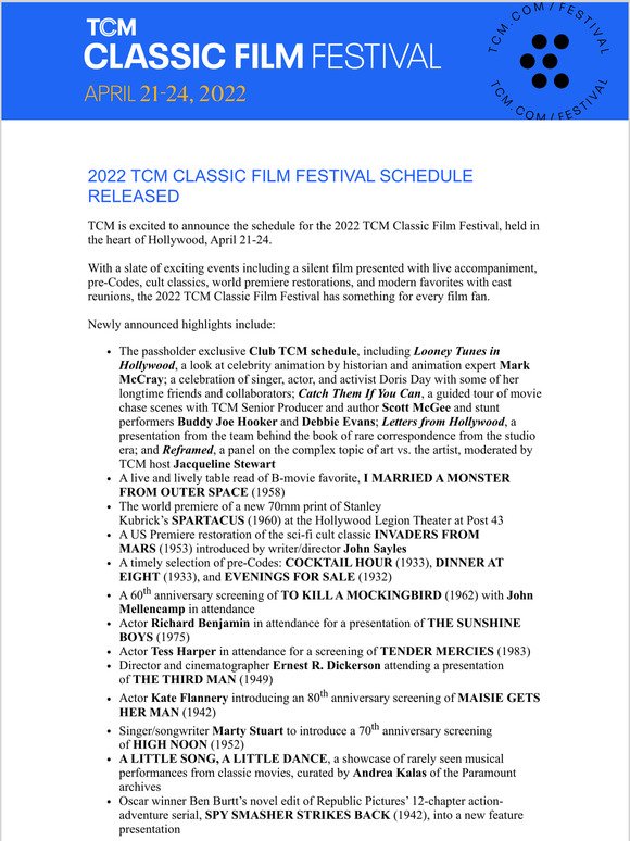 Festival News 2022 TCM Classic Film Festival Schedule