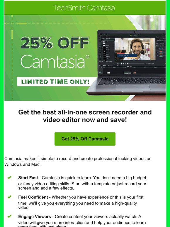 25% off Camtasia now! Get the best screen recorder + video editor for less