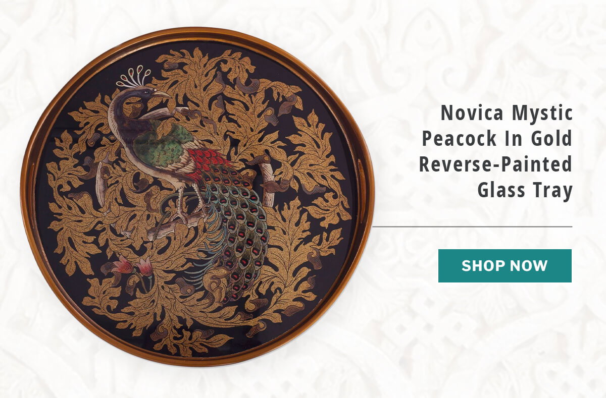Novica Mystic Peacock In Gold Reverse-Painted Glass Tray