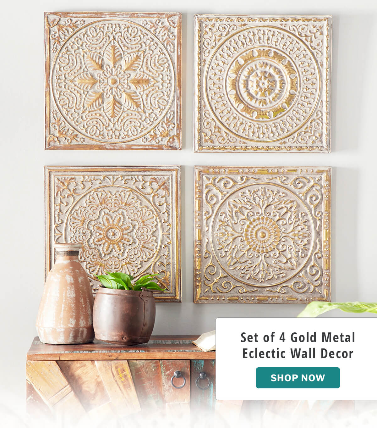 Set of 4 Gold Metal Eclectic Wall Decor