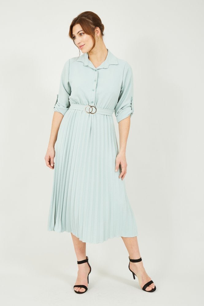 Mela Sage Green Pleated Skirt Midi Dress With Gold Buckle