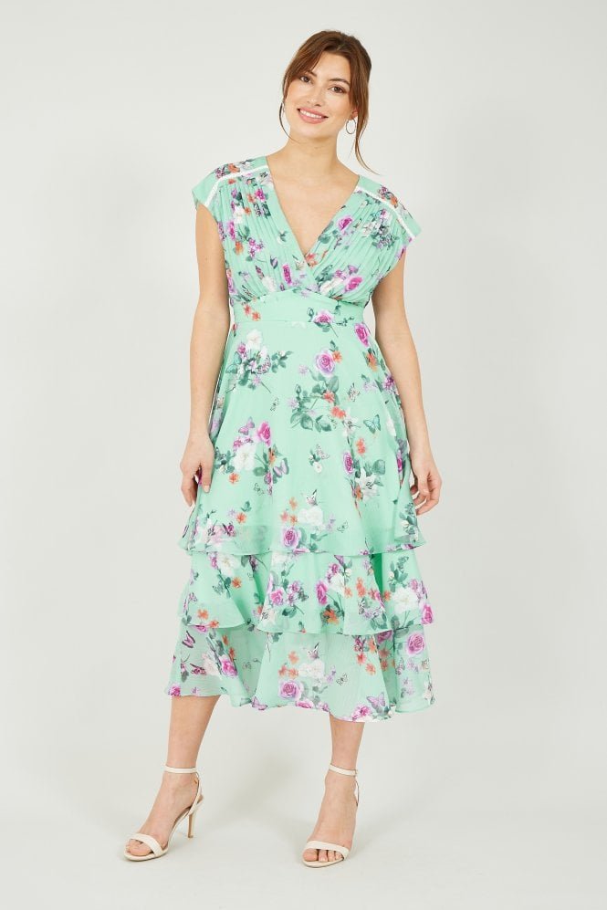 Yumi Mint Green Floral Tier Midi Dress
