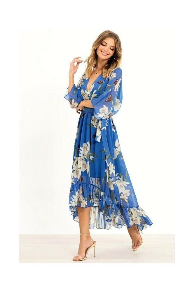 Floral Print Kimono Midi Wrap UT Dress Blue