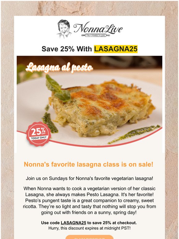 New Lasagna Class is 25% Off Today Only!